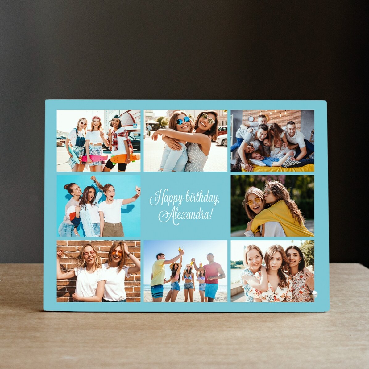 Personalised desk photo frame with 8 photos and text - Happily Ever After