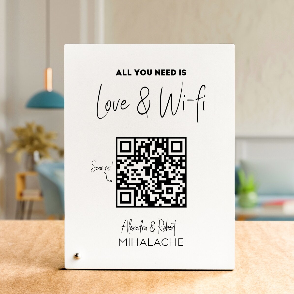 Ramă foto de birou personalizată cu text și cod QR - Scan for Wifi (fundal alb)
