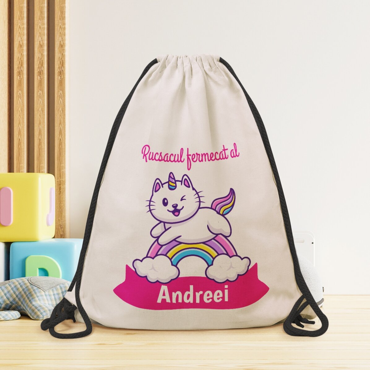 Rucsac personalizat cu nume - Pisică unicorn