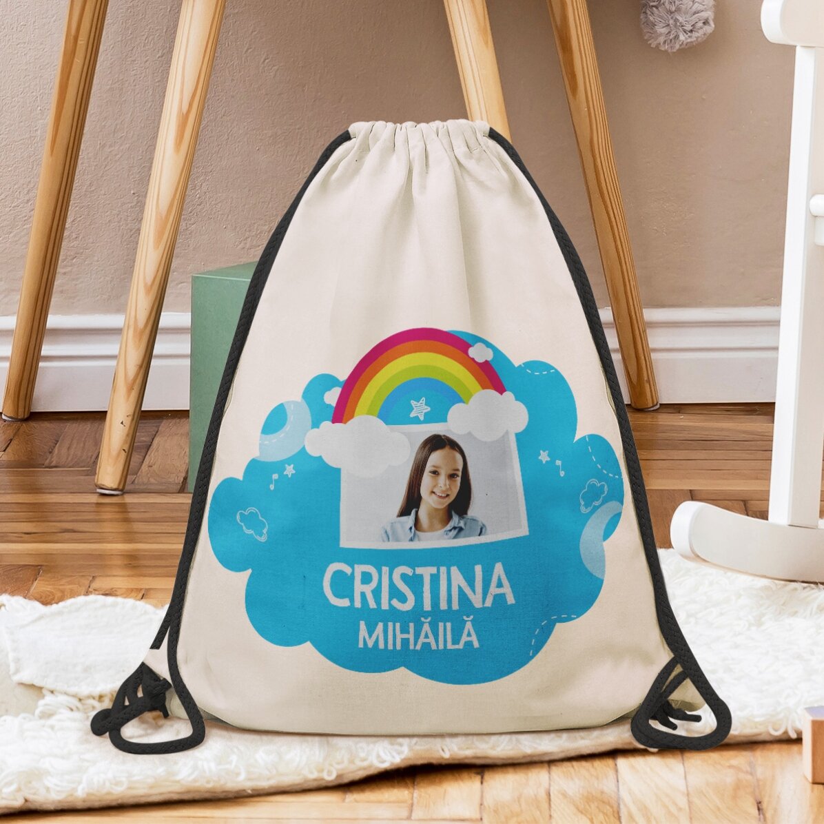 Rucsac personalizat cu nume și poză - Model curcubeu