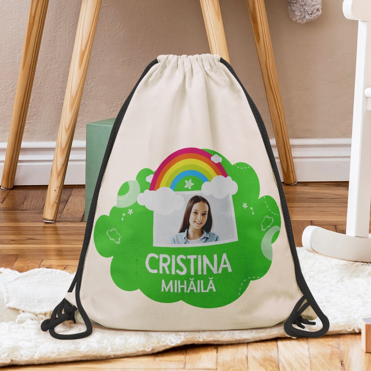 Rucsac personalizat cu nume și poză - Model curcubeu