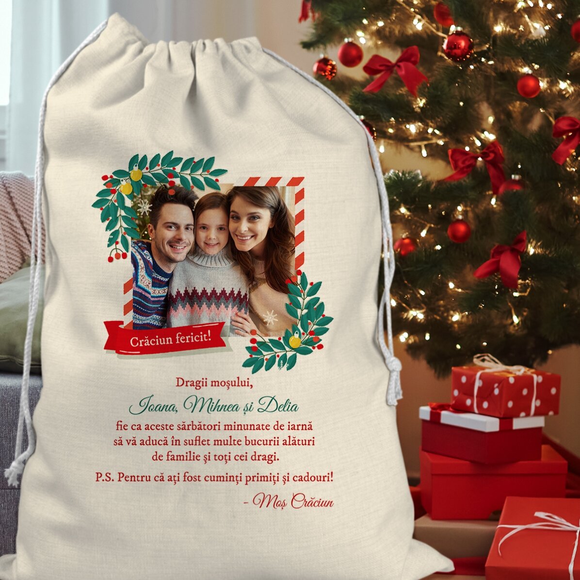 Sac pentru cadouri personalizat cu o poză și mesaj de la Moș Crăciun