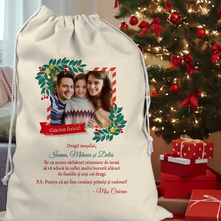Sac pentru cadouri personalizat cu o poză și mesaj de la Moș Crăciun