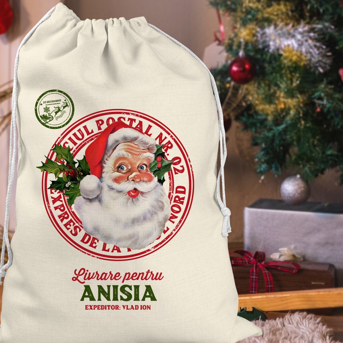 Sac pentru cadouri personalizat cu text - Livrare expres de la Polul Nord