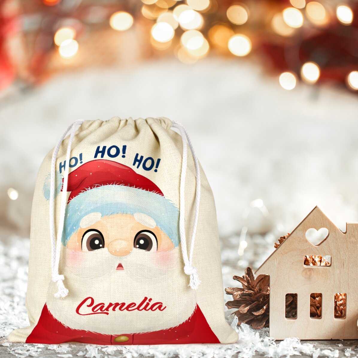 Săculeț mediu pentru cadouri personalizat cu nume - Moș Crăciun