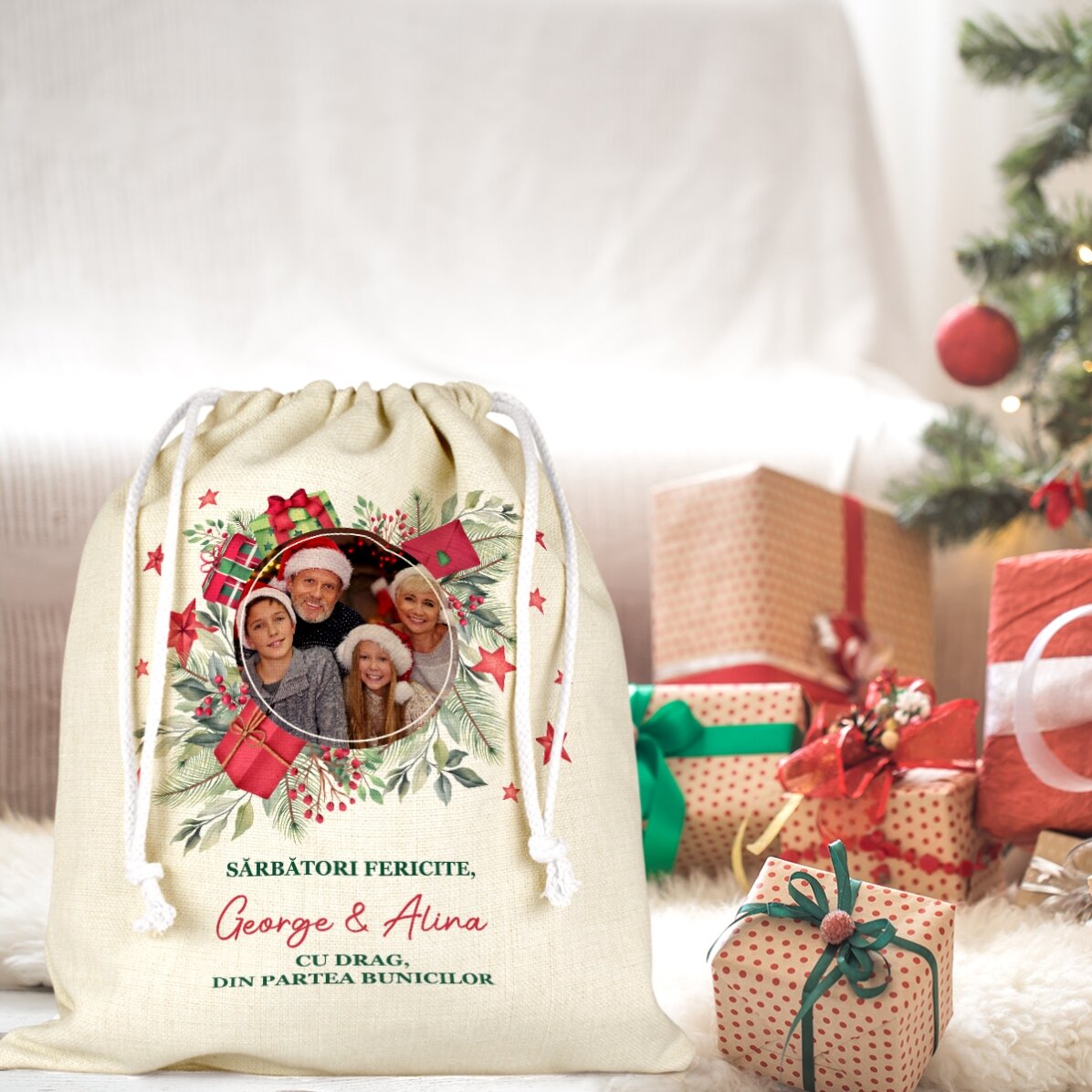 Săculeț mediu pentru cadouri personalizat cu o poză și text