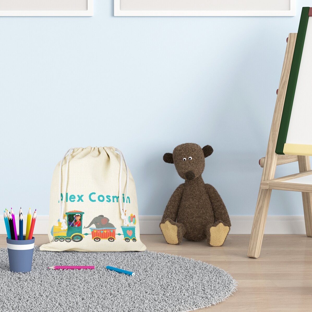 Săculeț mediu personalizat cu nume și poză - Trenuleț