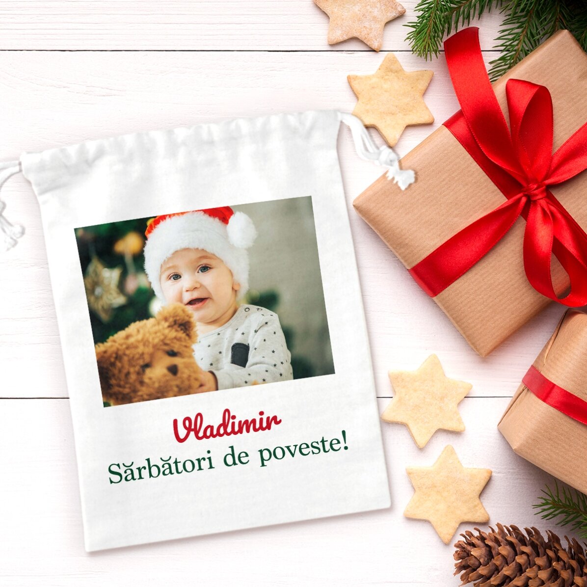 Săculeț mic pentru cadouri personalizat cu o poză și text 