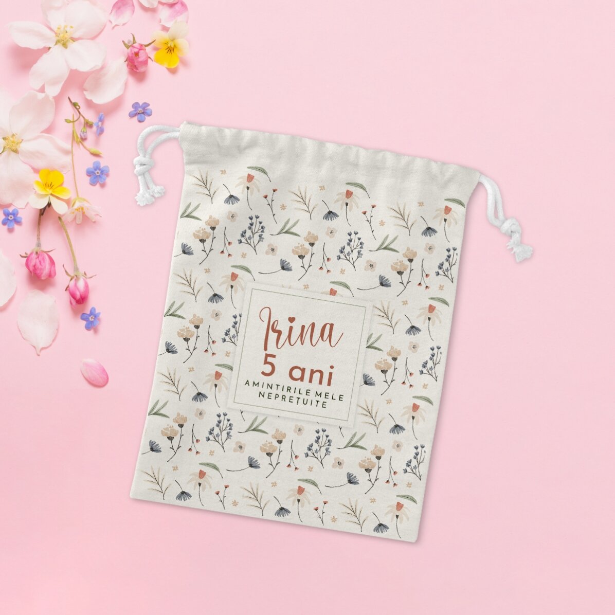 Săculeț mic pentru cadouri personalizat cu text - Flowers