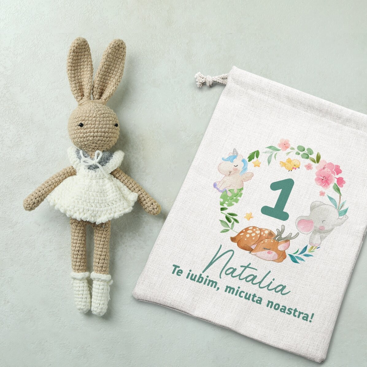 Săculeț mic pentru cadouri personalizat cu text -Happy birthday, little one!