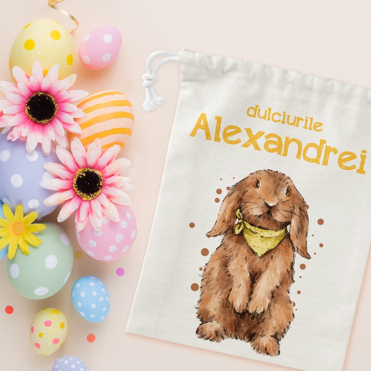 Săculeț mic pentru cadouri personalizat cu text - Iepurașul cu dulciuri