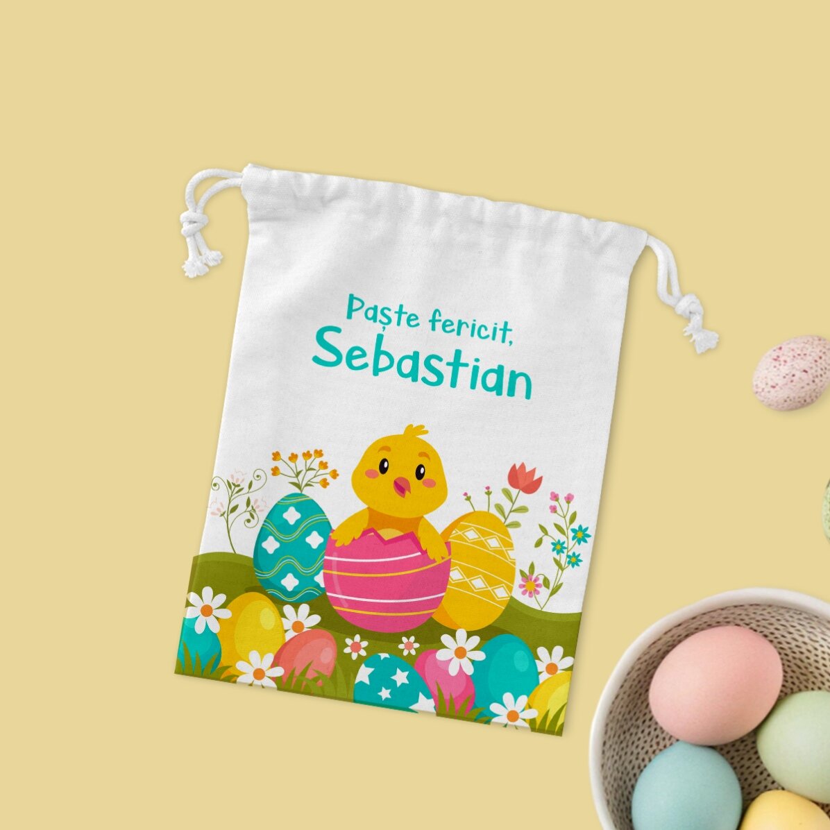 Săculeț mic pentru cadouri personalizat cu text - Paște