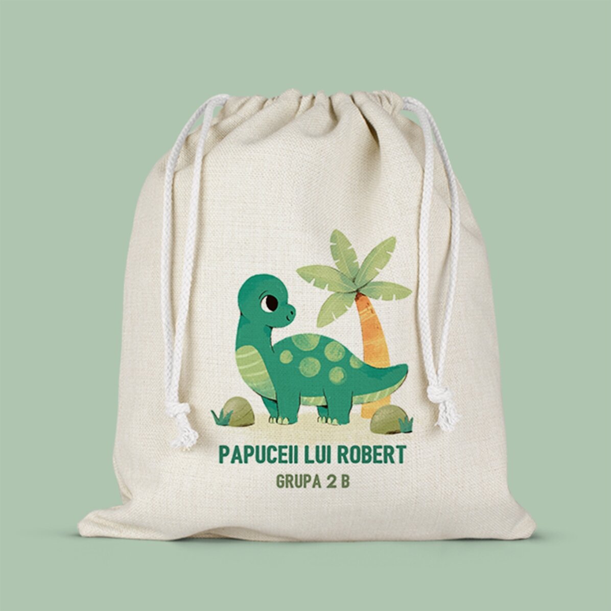 Săculeț pentru grădiniță personalizat cu text - Dino