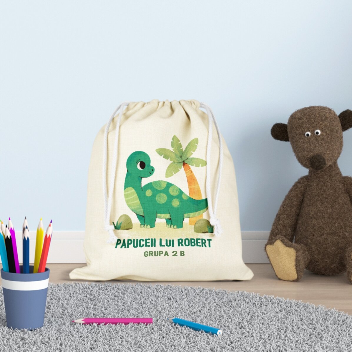 Săculeț pentru grădiniță personalizat cu text - Dino