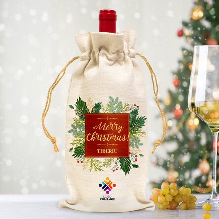 Săculeț personalizat pentru sticlă de vin cu logo și mesaj - Coronița de Crăciun