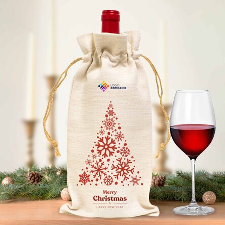 Săculeț personalizat pentru sticlă de vin cu logo și mesaj - Merry Christmas!