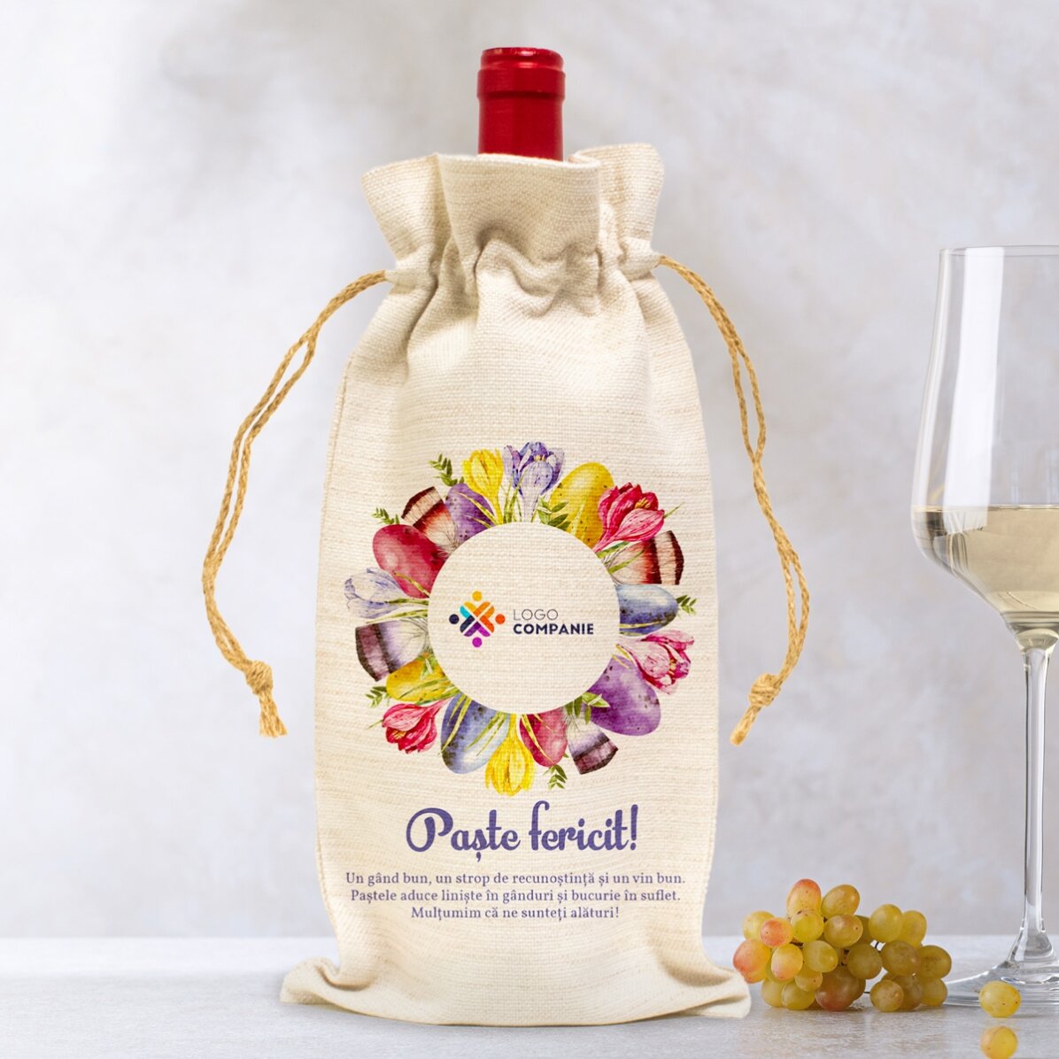 Săculeț personalizat pentru sticlă de vin cu logo și text - Sărbători pascale