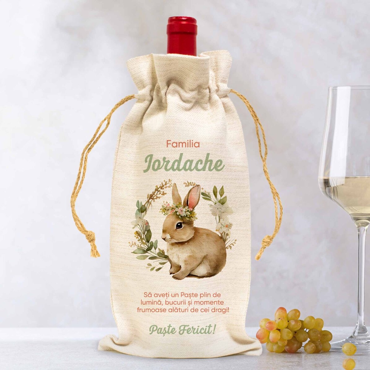 Săculeț personalizat pentru sticlă de vin cu text - Paște Fericit!