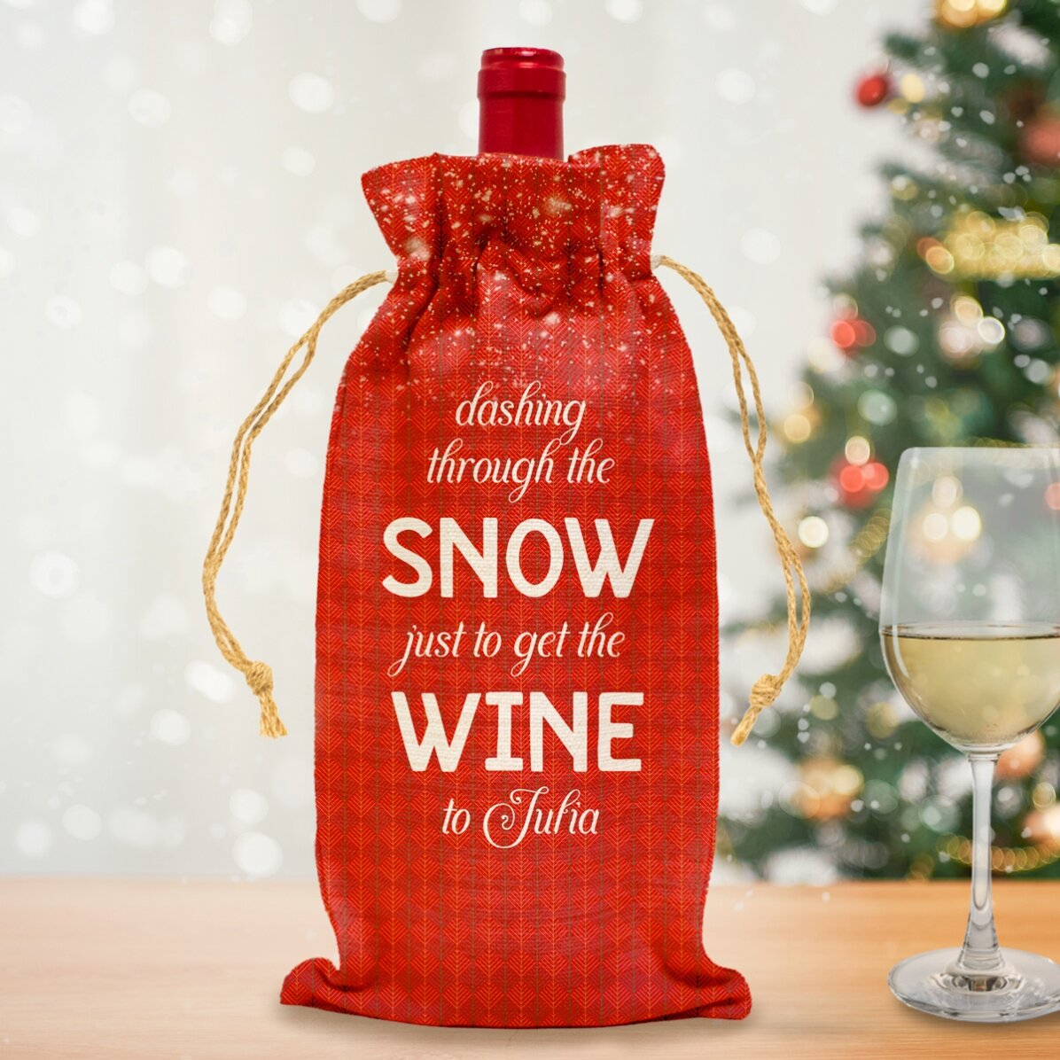 Săculeț personalizat pentru sticlă de vin - Dashing through the snow