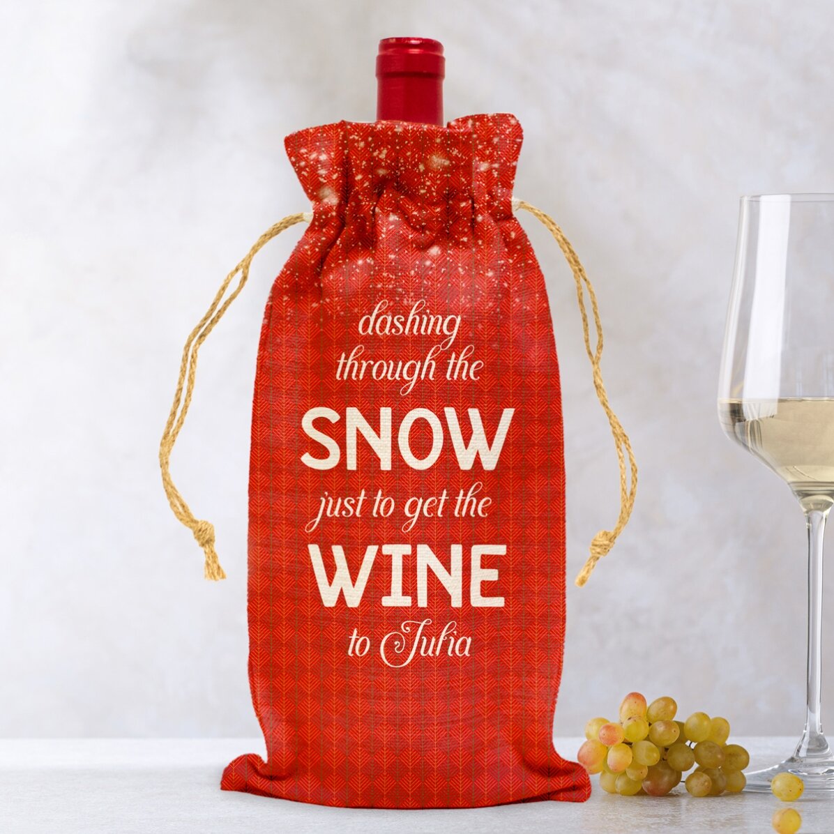 Săculeț personalizat pentru sticlă de vin - Dashing through the snow