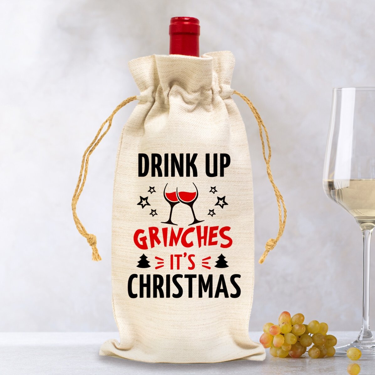Săculeț personalizat pentru sticlă de vin - Drink up Grinches