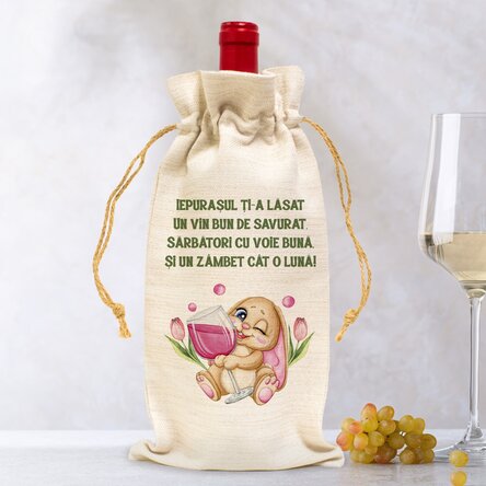 Săculeț personalizat pentru sticlă de vin - Drinking bunny