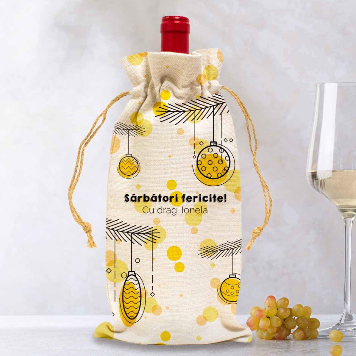 Personalised bag for wine bottle - Christmas baubles