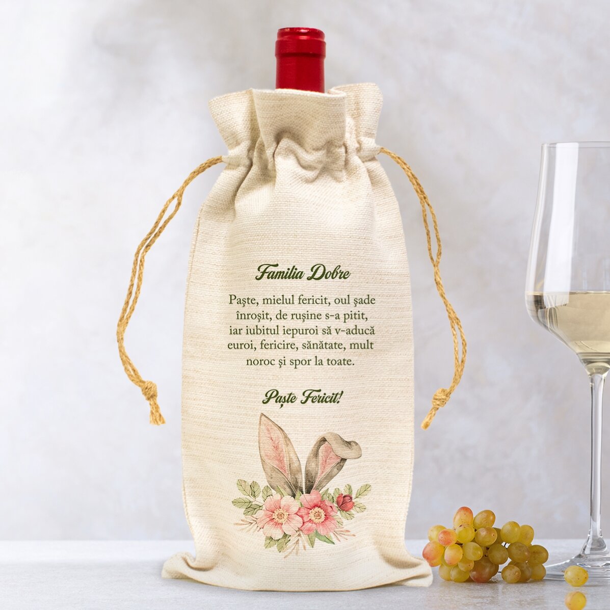 Săculeț personalizat pentru sticlă de vin - Iepuraș de Paște
