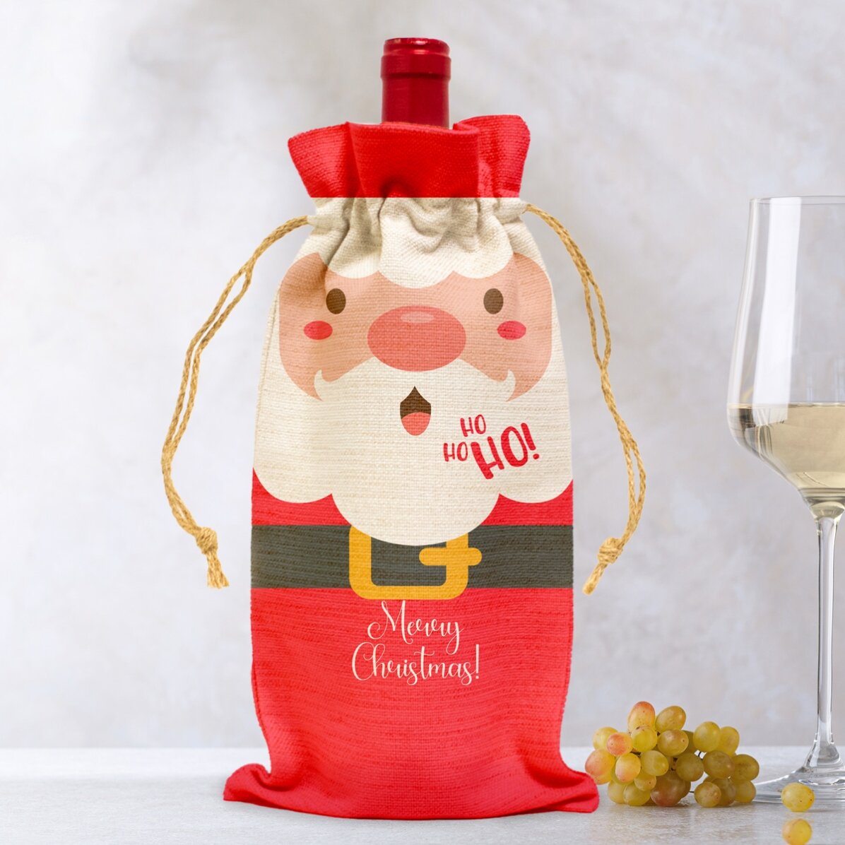 Săculeț personalizat pentru sticlă de vin - Moș Crăciun