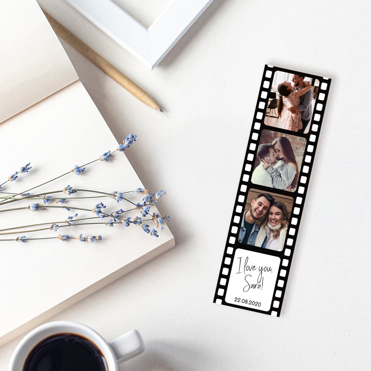 Semn de carte personalizat cu 3 poze și text - Our story