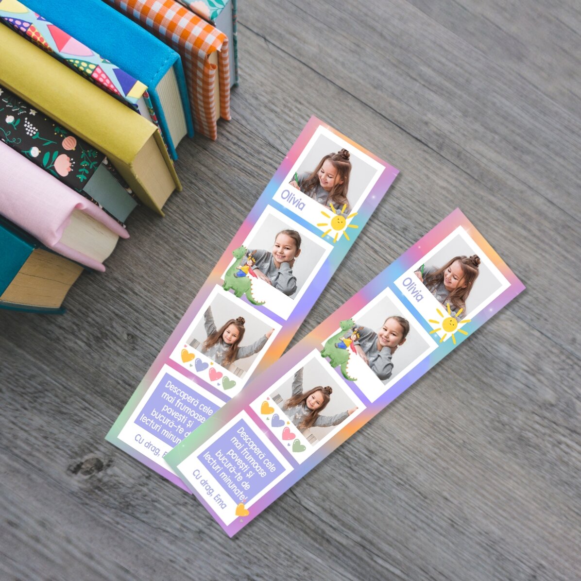 Semn de carte personalizat cu mesaj și 3 poze - Curcubeu