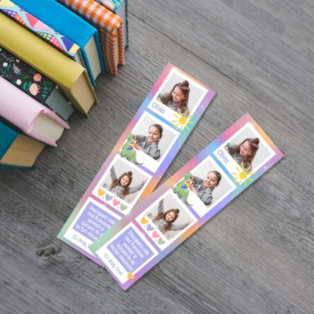 Semn de carte personalizat cu mesaj și 3 poze - Curcubeu