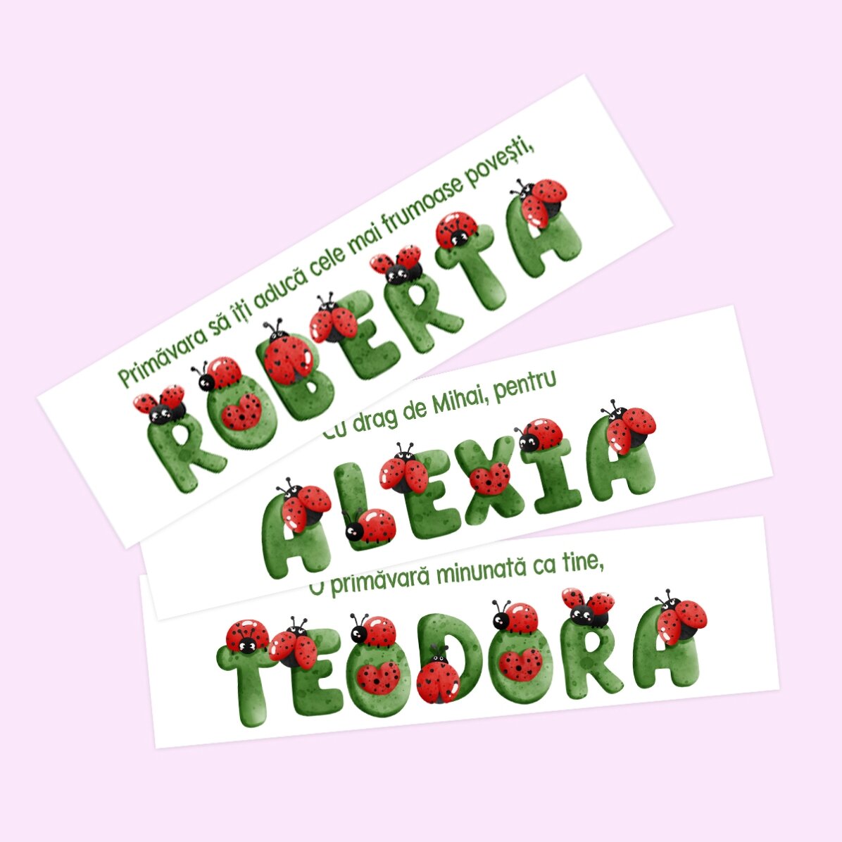 Semn de carte personalizat cu mesaj și nume - Buburuze