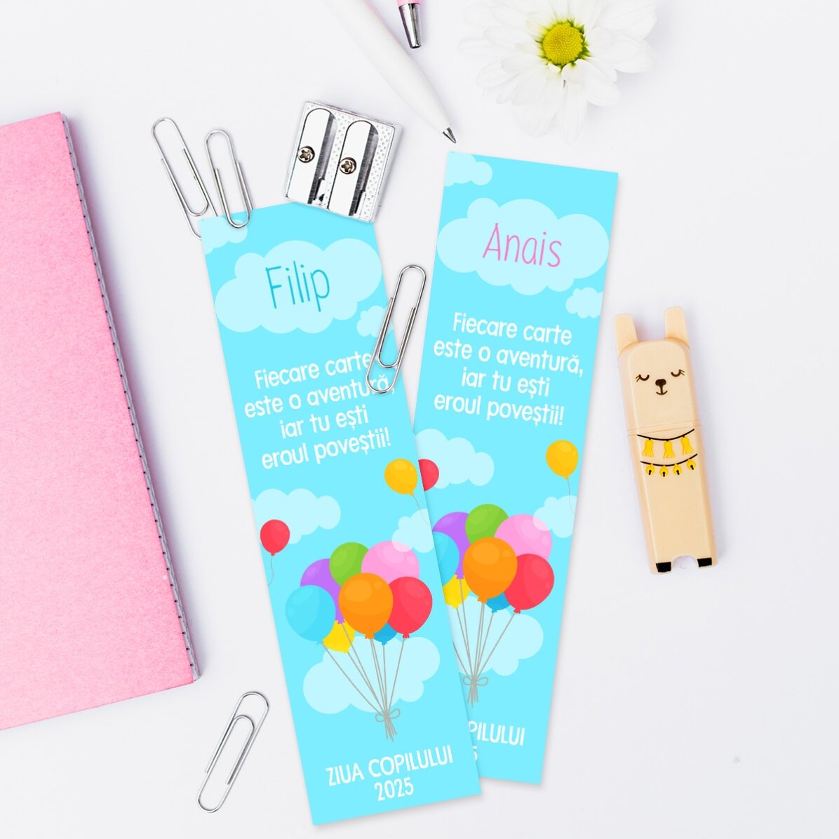 Semn de carte personalizat cu mesaj și nume pentru copii - Baloane