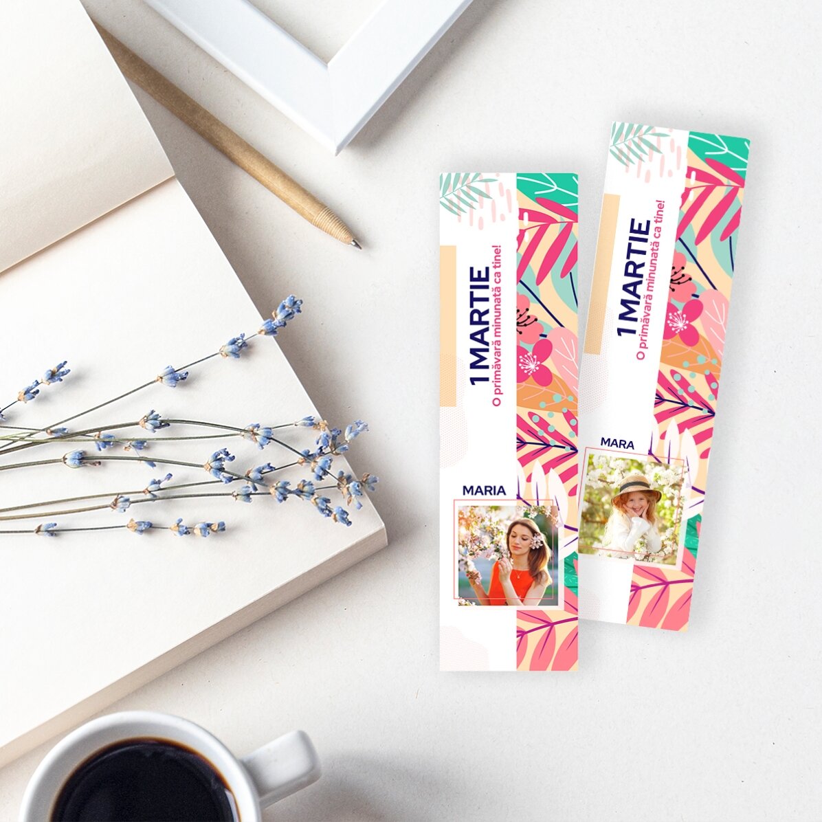 Semn de carte personalizat cu poză și text - Floral