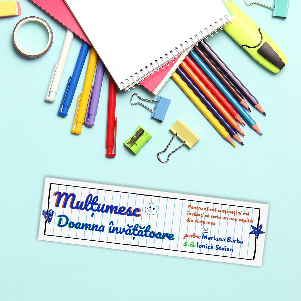 Semn de carte personalizat cu text pentru învățătoare - Notebook paper