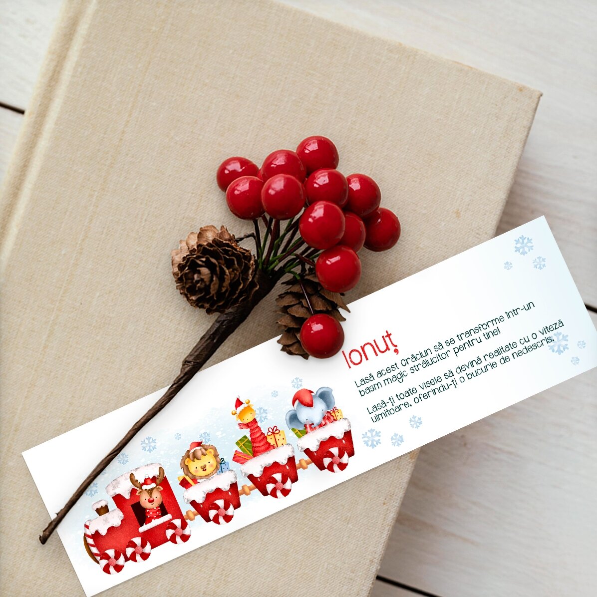 Semn de carte personalizat cu text - Trenuleț de Crăciun