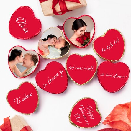 Set 10 mini ciocolățele inimioară personalizate cu poze și text - Mesaj ascuns