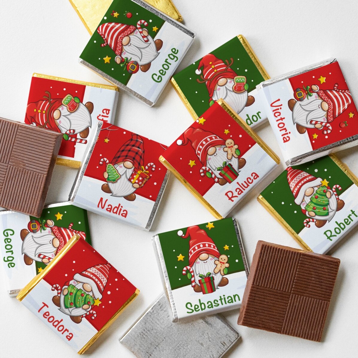 Set 10 mini ciocolățele personalizate cu nume - Gnomi de Crăciun