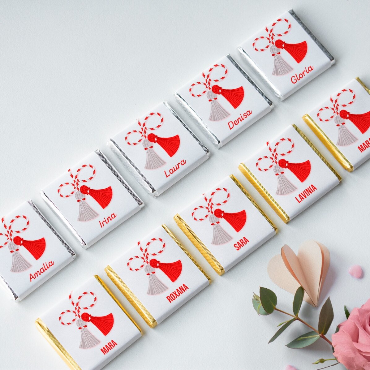 Set 10 mini ciocolățele personalizate cu nume - Mărțișor dulce
