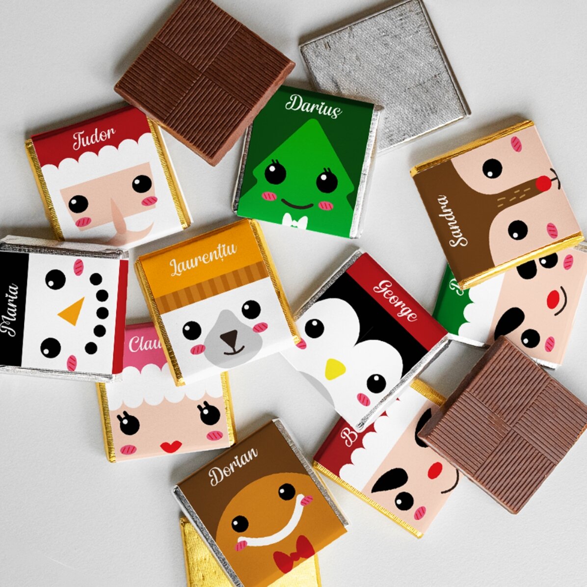 Set 10 mini ciocolățele personalizate cu nume - Personaje de Crăciun