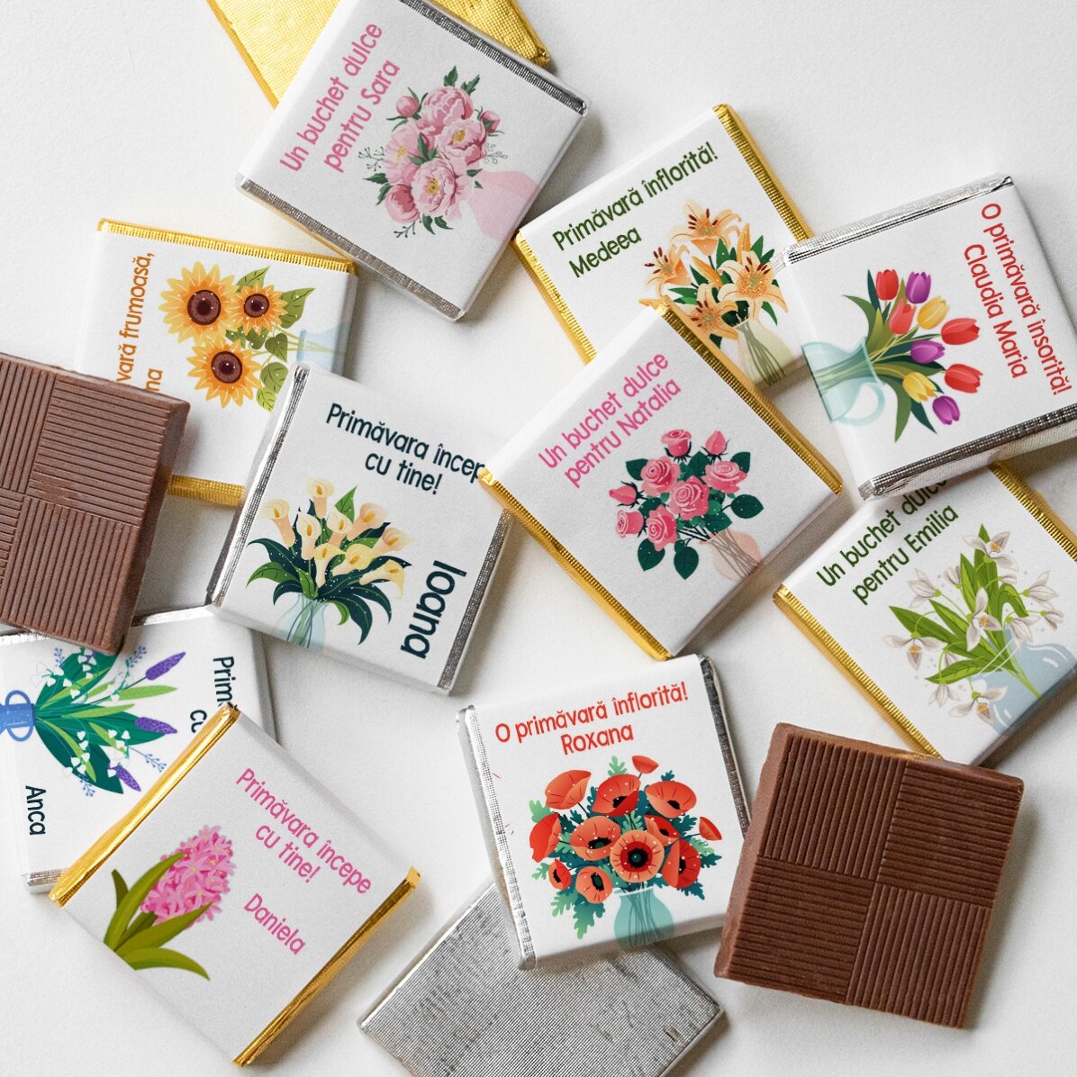 Set of 10 mini chocolates personalised with text - Flowers