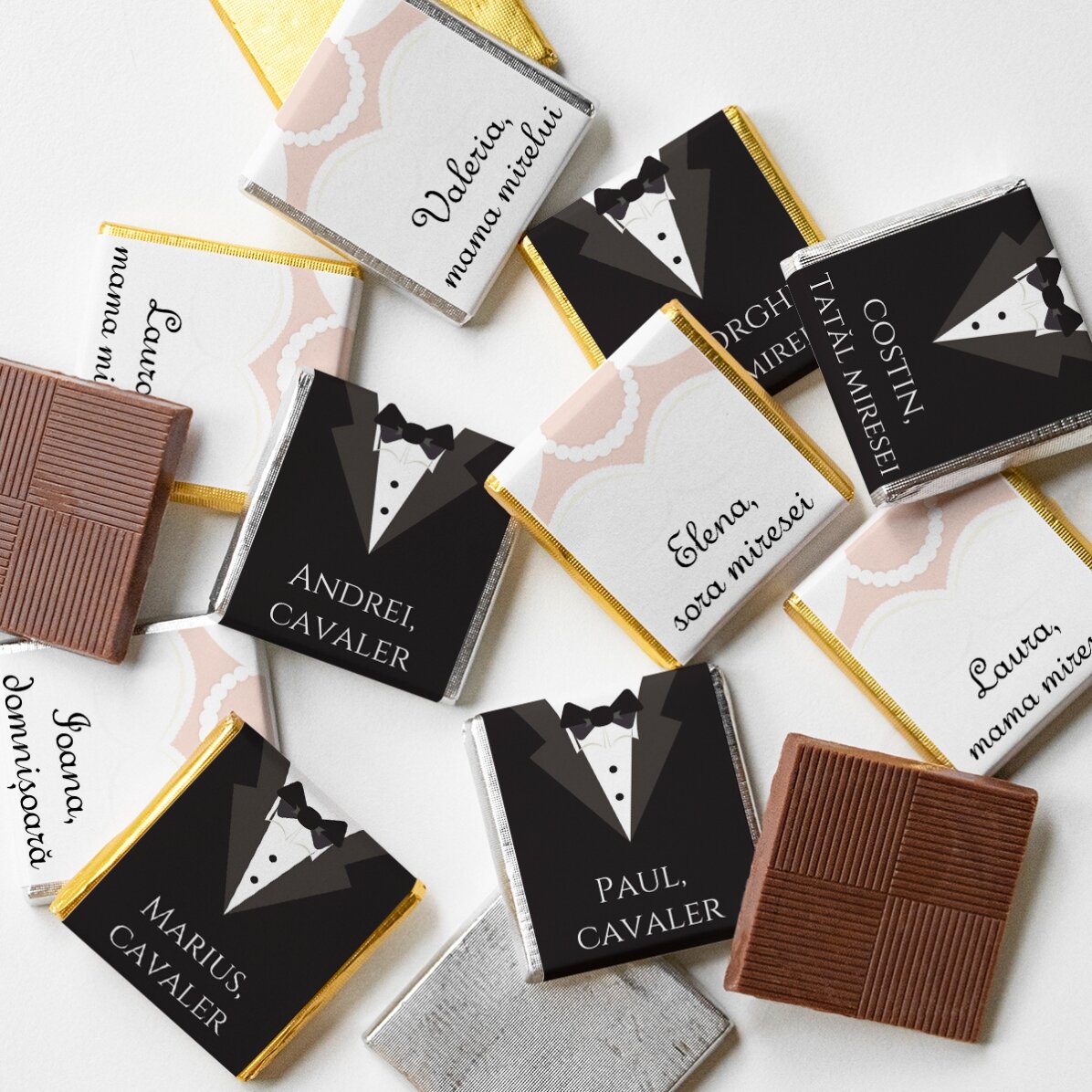 Set 10 mini ciocolățele personalizate cu text - Mr and Mrs