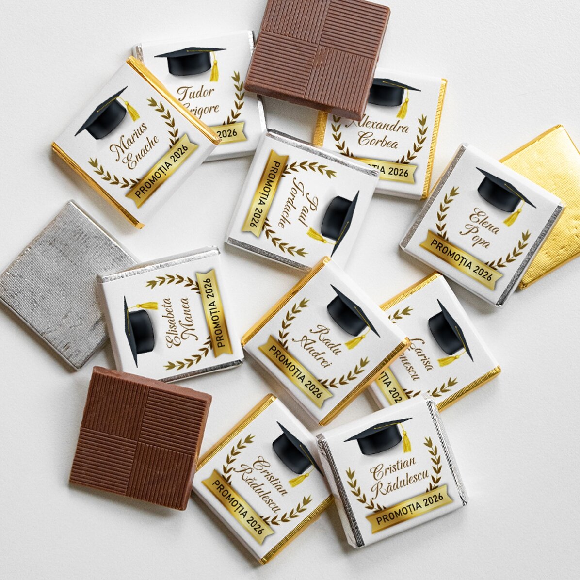 Set of 10 mini chocolates personalised with text for graduates