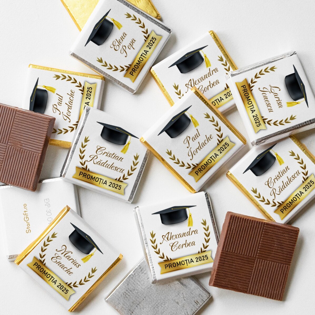 Set 10 mini ciocolățele personalizate cu text pentru absolvenți