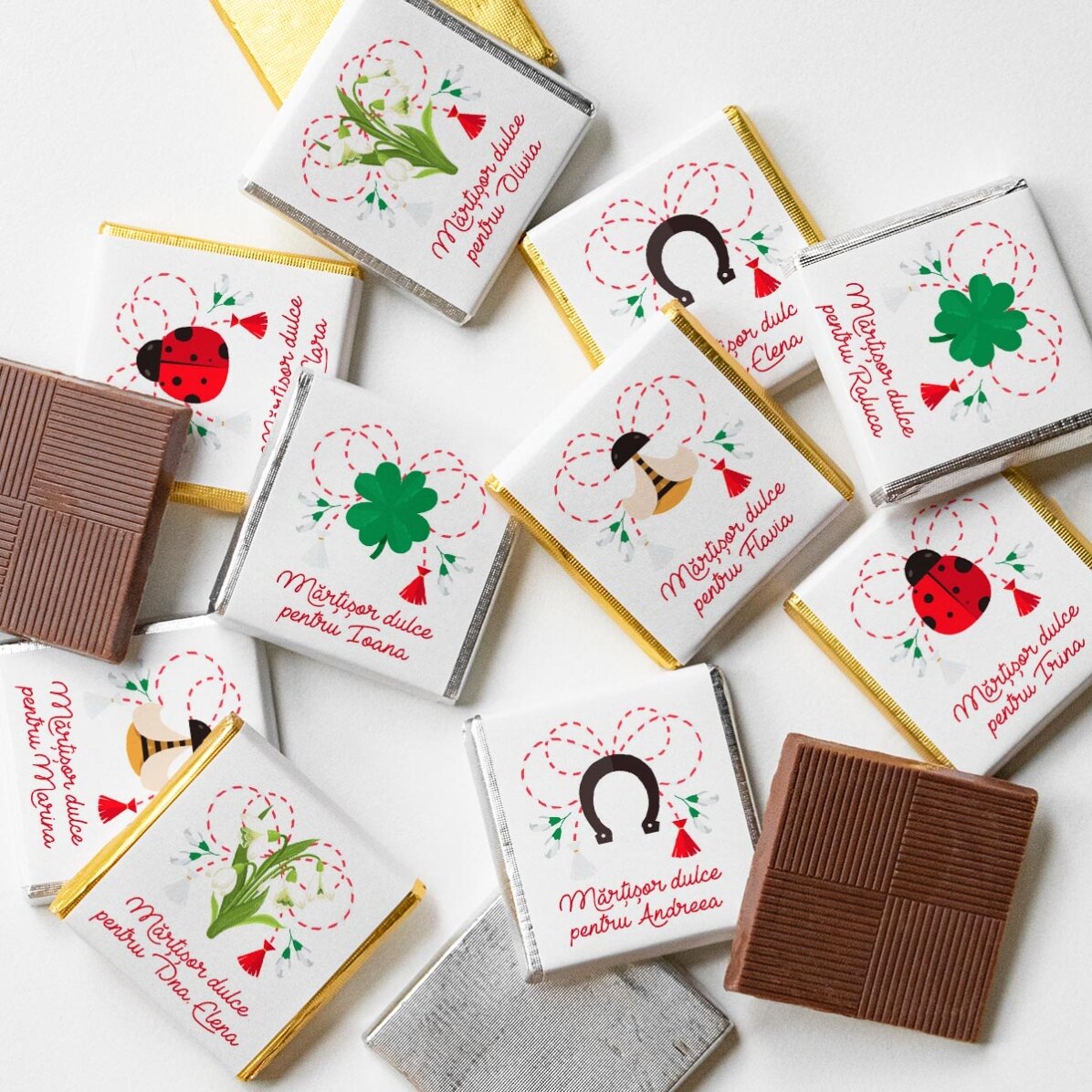 Set 10 mini ciocolățele personalizate de Mărțișor cu nume