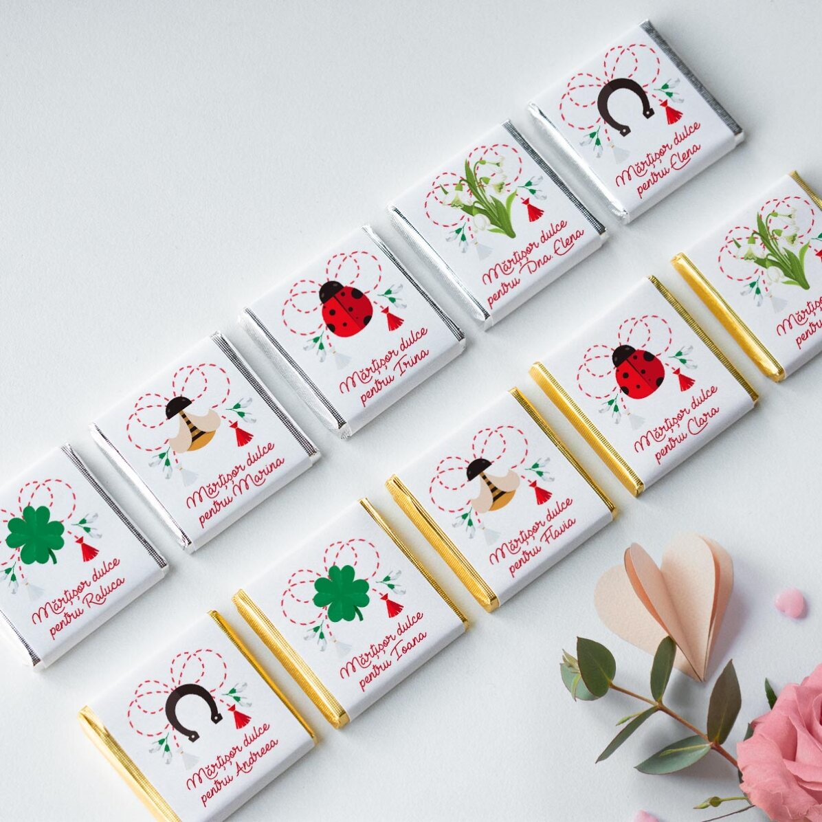 Set 10 mini ciocolățele personalizate de Mărțișor cu nume