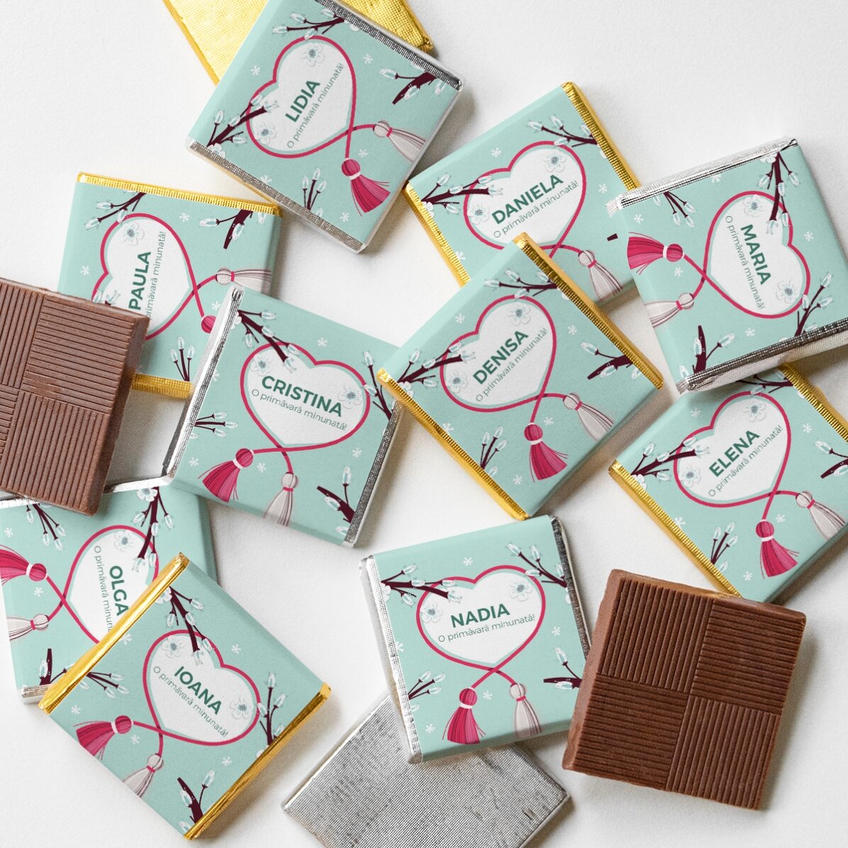 Set of 10 mini chocolates personalised with text - Spring