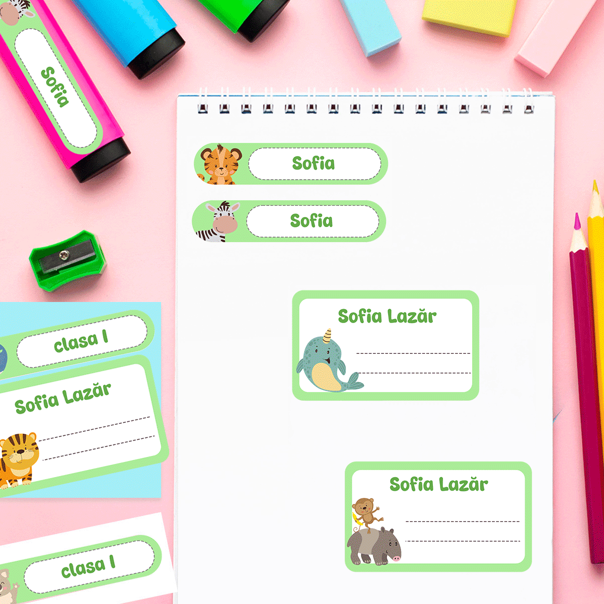 Set of 14 personalised stickers for school, for exercise books and stationery