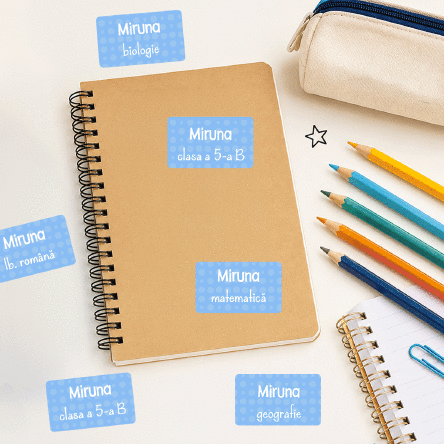 Set of 18 personalised text stickers for school, for exercise books and stationery